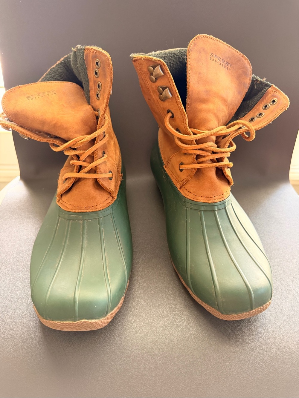 USED Sperry Green Rubber & Tan Leather Lace-Up Duck Boots